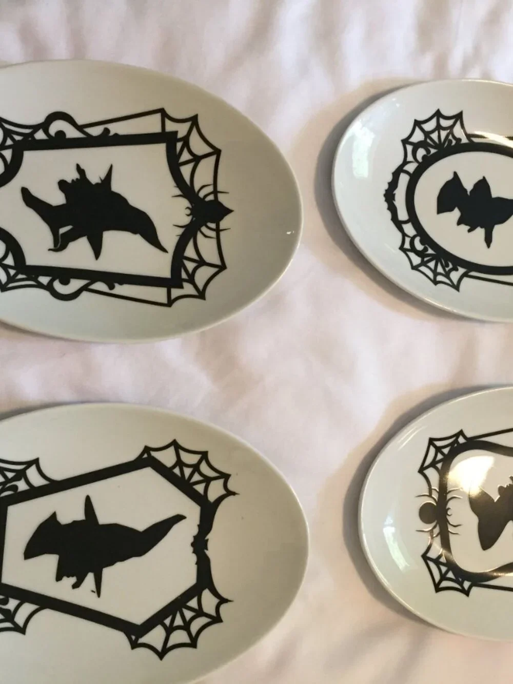 Crate & Barrel Halloween Appetizer Plates Set of 4 Witch Silhouettes Bat, Spider